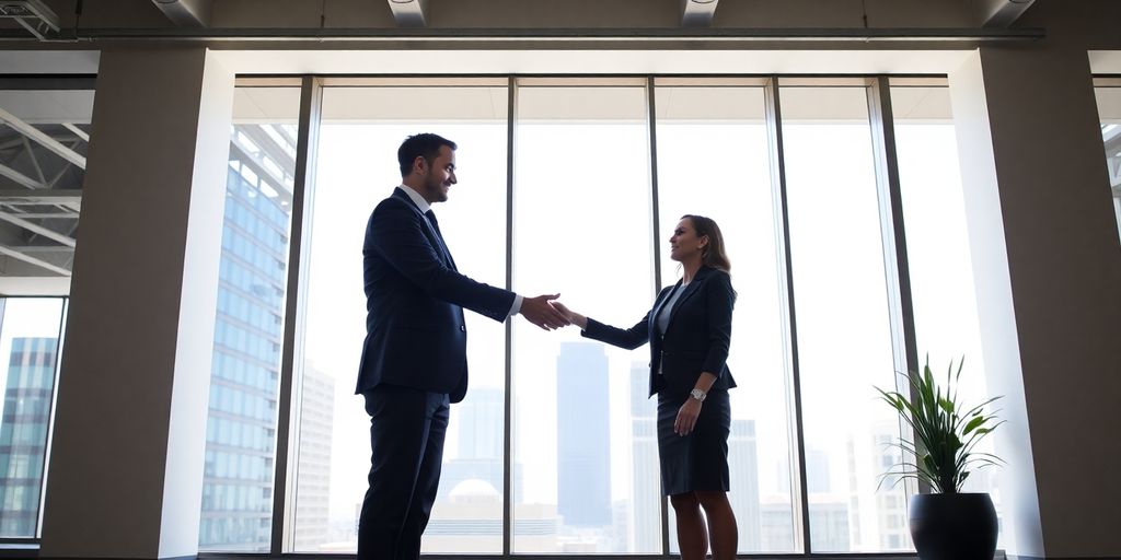 Agent shaking hands with client in office.