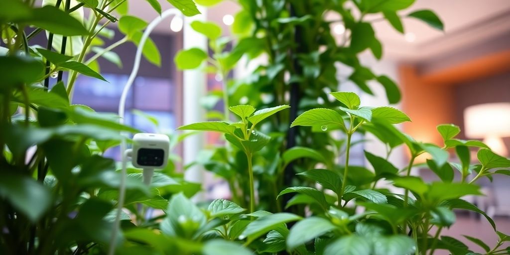 Grădină inteligentă cu plante luxuriante, lumini LED.