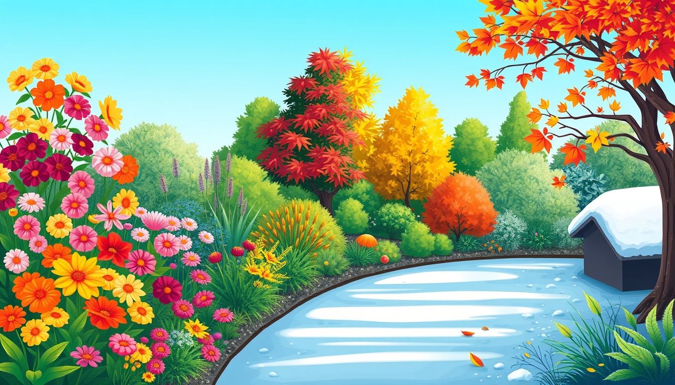 Garden transitioning through four seasons: spring, summer, fall, winter.