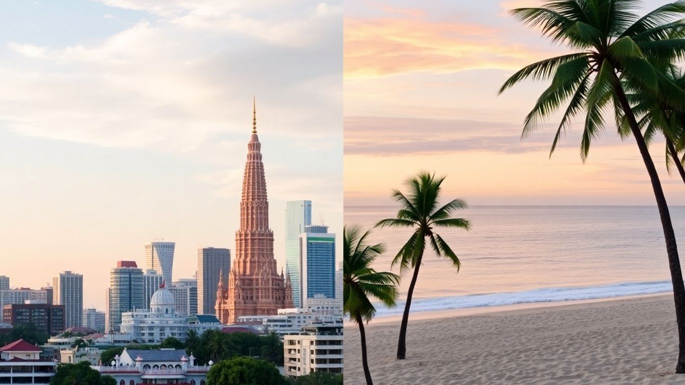 Bangkok skyline versus a tranquil Phuket beach scene.