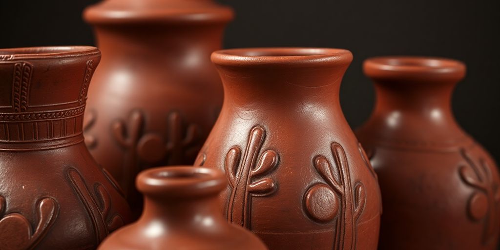 Vasos olmecas de cerámica con patrones de cactus intrincados y ornamentados.