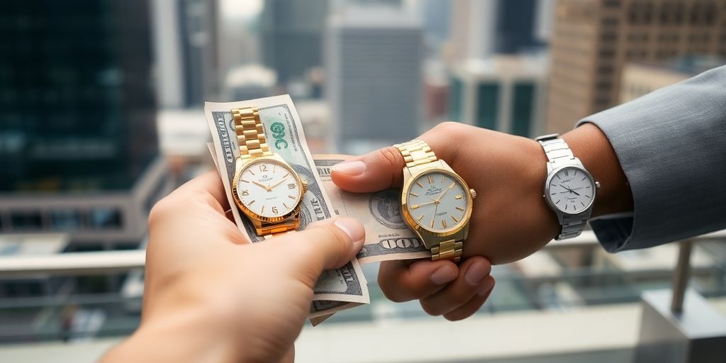Main d'une personne avec une montre et un billet.
