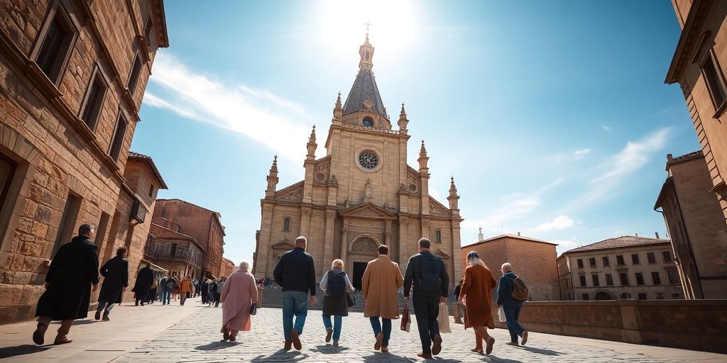 Peregrinos llegando a la Catedral de Santiago.