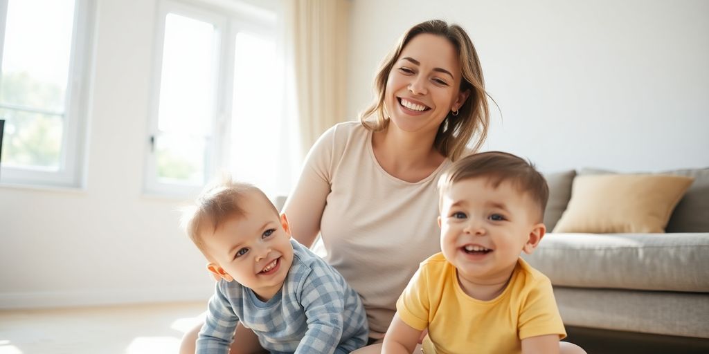 Mother happily babysitting two children in a living room.