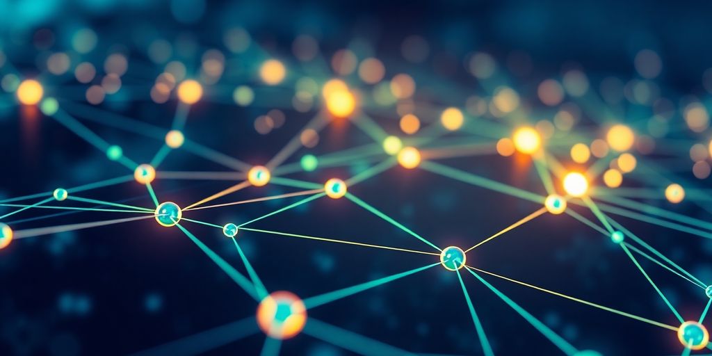 Futuristic blockchain network with glowing nodes and connections.