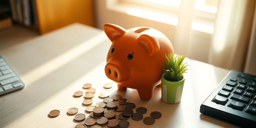 Piggy bank, coins, and a plant on a desk.