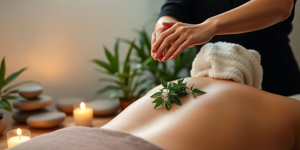 Spa therapist applying herbal compress with tranquil ambiance.