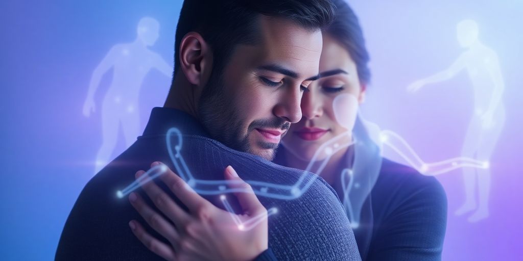 Couple embracing near glowing digital figures.