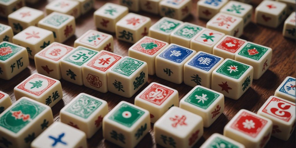 A collection of Mahjong tiles with unique symbols and colors, arranged on a wooden table.