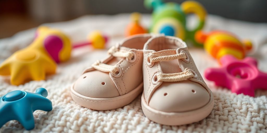 Schattige babyschoenen op een zachte deken met speelgoed.