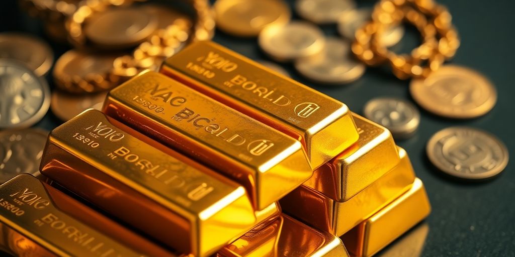 Des barres d'or brillantes empilées avec des pièces anciennes.
