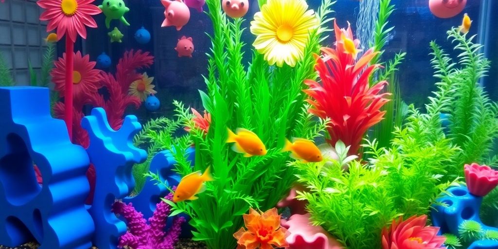 Colorful aquarium with plants and decorations.