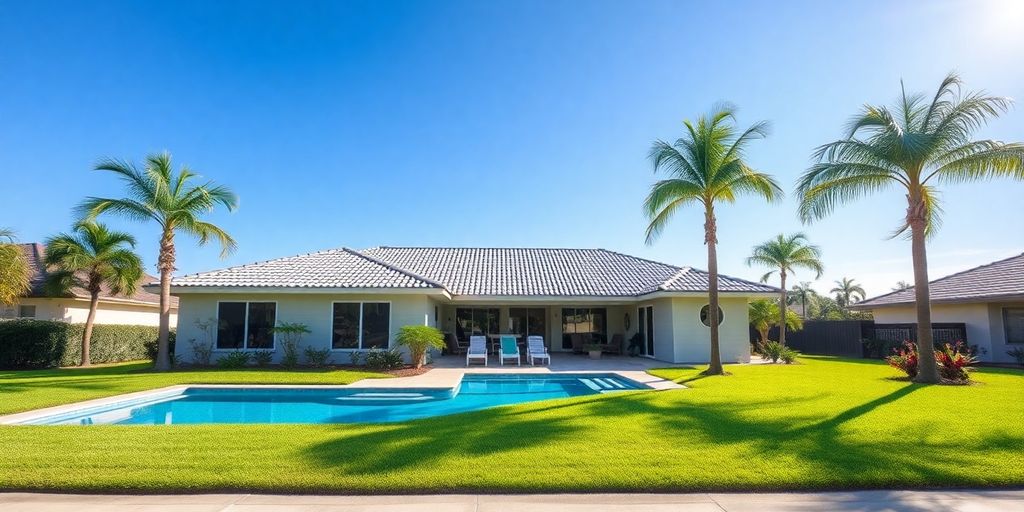 Fort Myers waterfront home with palm trees and blue sky.