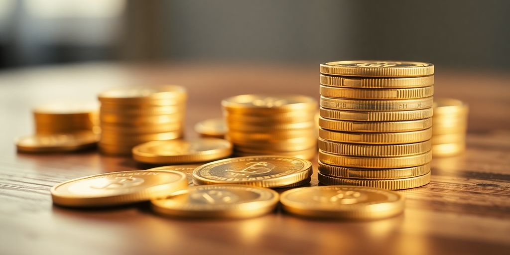 Des pièces d'or empilées sur une table en bois.