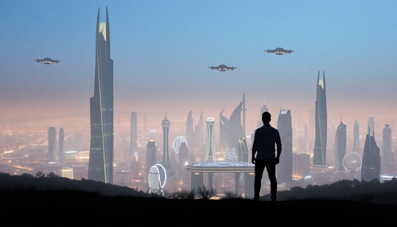 A person looking at a futuristic city.