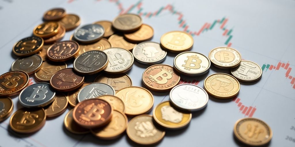 Coins arranged on a trading chart.