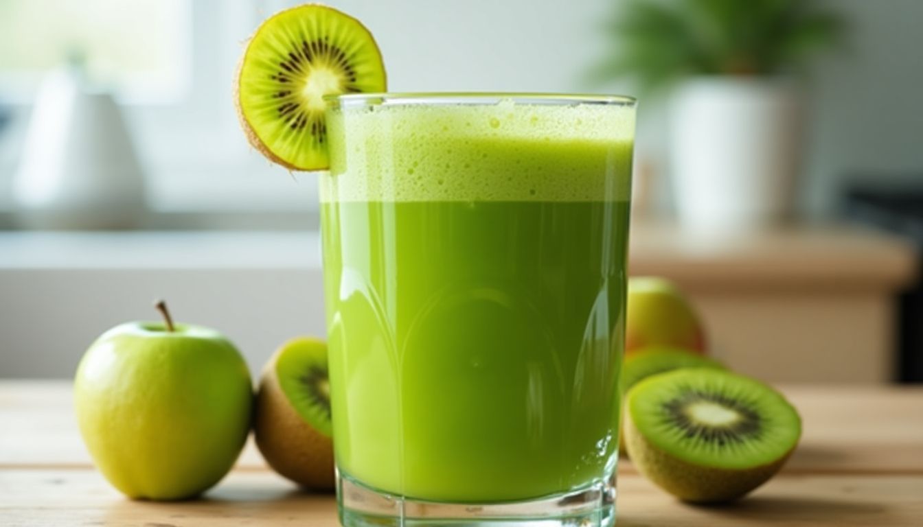 Kiwi apple green juice in a clear glass.