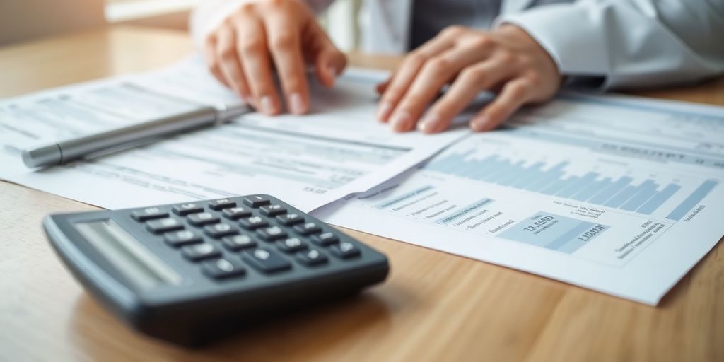 Pessoa analisando documentos financeiros em uma mesa.