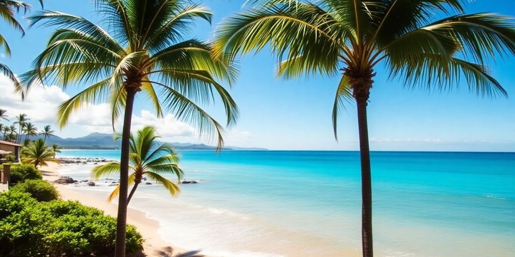 Tropical beach resort with palm trees and ocean views.