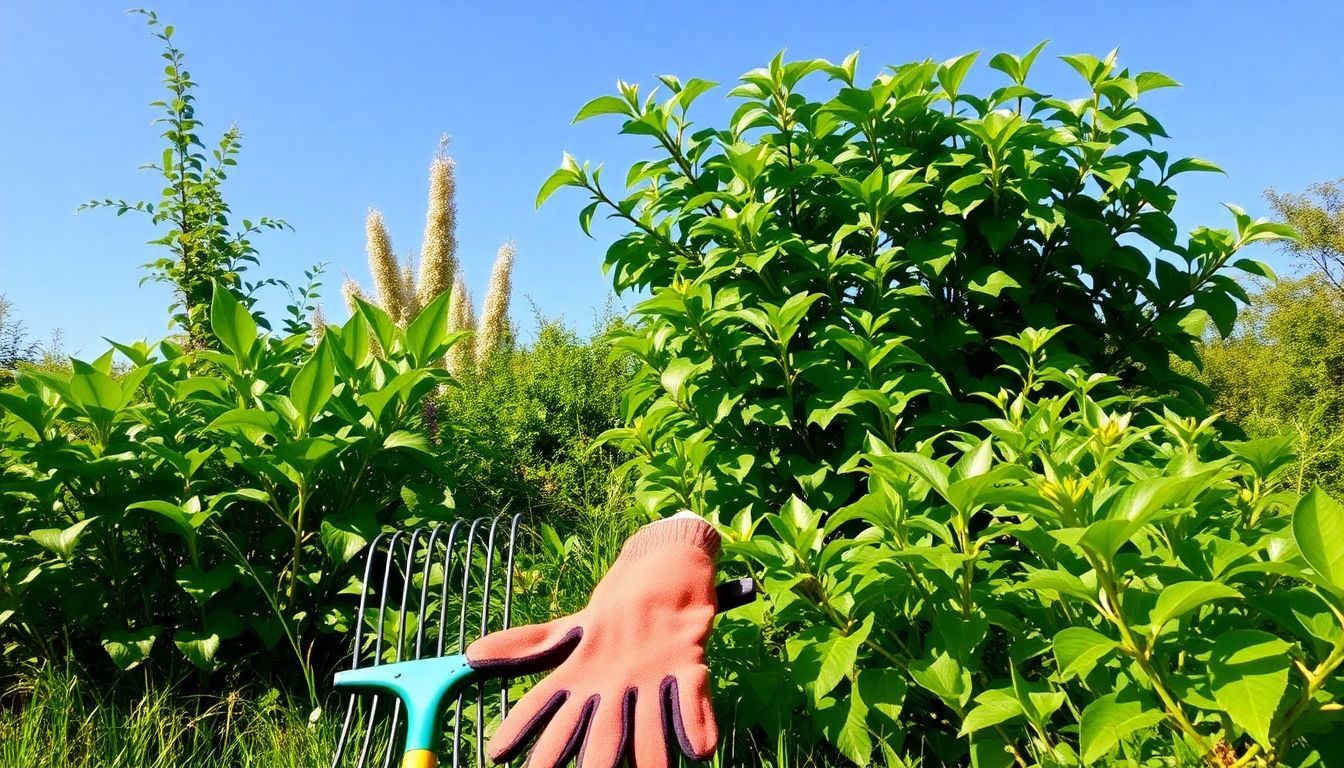 Overgrown garden with tools for clearance services.