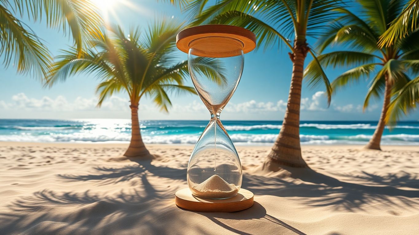 Tropical hourglass, palm trees, sun, sand.