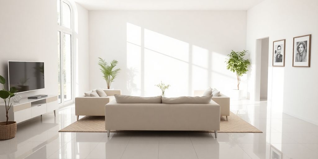 Modern living room with glossy white tile flooring.