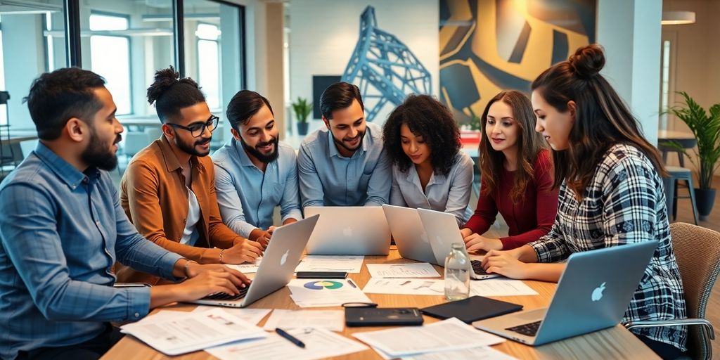 Group of entrepreneurs collaborating in a modern office setting.