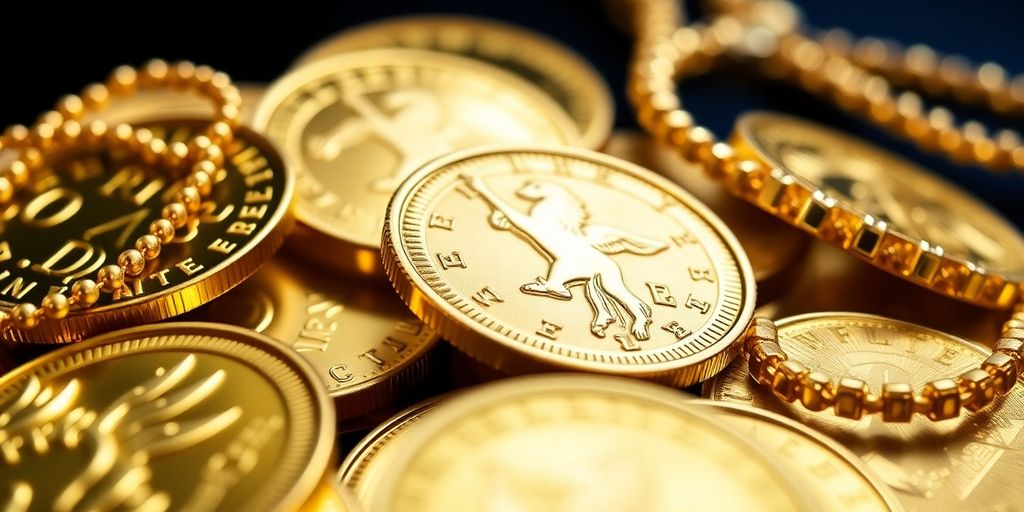 Pièces et bijoux en or brillants sur un fond neutre.