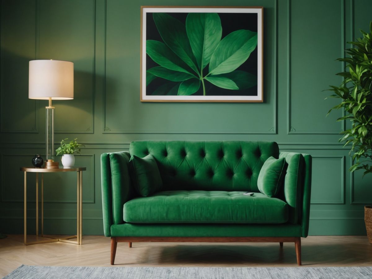 Green armchair and green artwork in a stylish room.