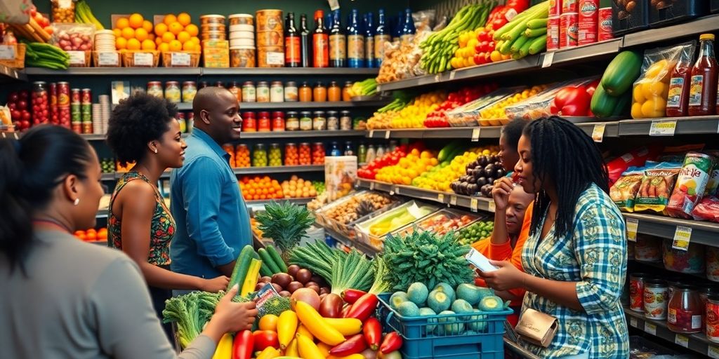 Vibrant produce display at a Black-owned grocery store.