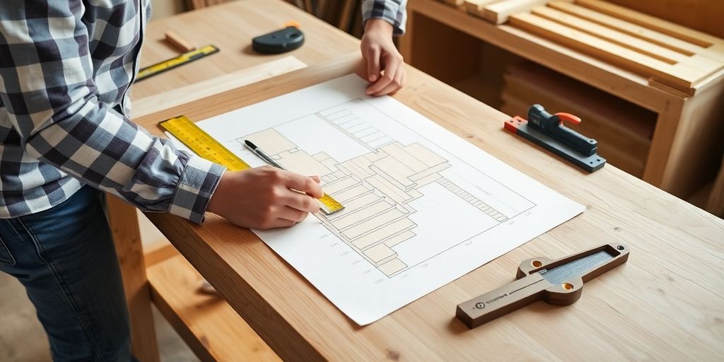 Carpenter planning a staircase with tools and wood.