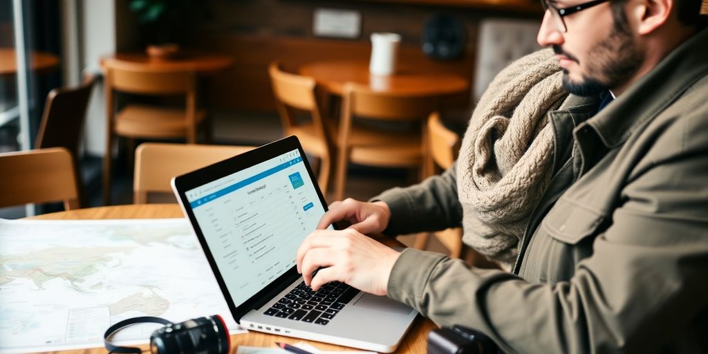 Traveler researching insurance on a laptop in a cafe.