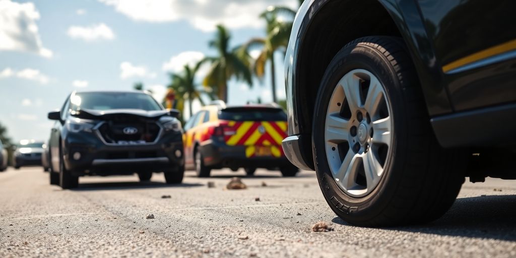 Florida car accident scene with emergency responders.