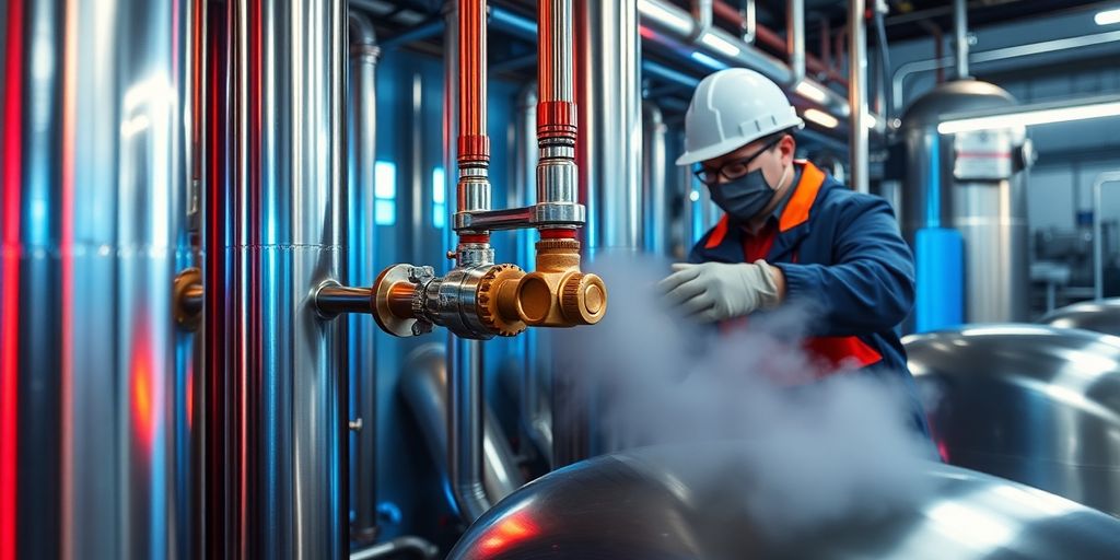 Skilled technician adjusting precise temperature valve on glowing industrial pipes