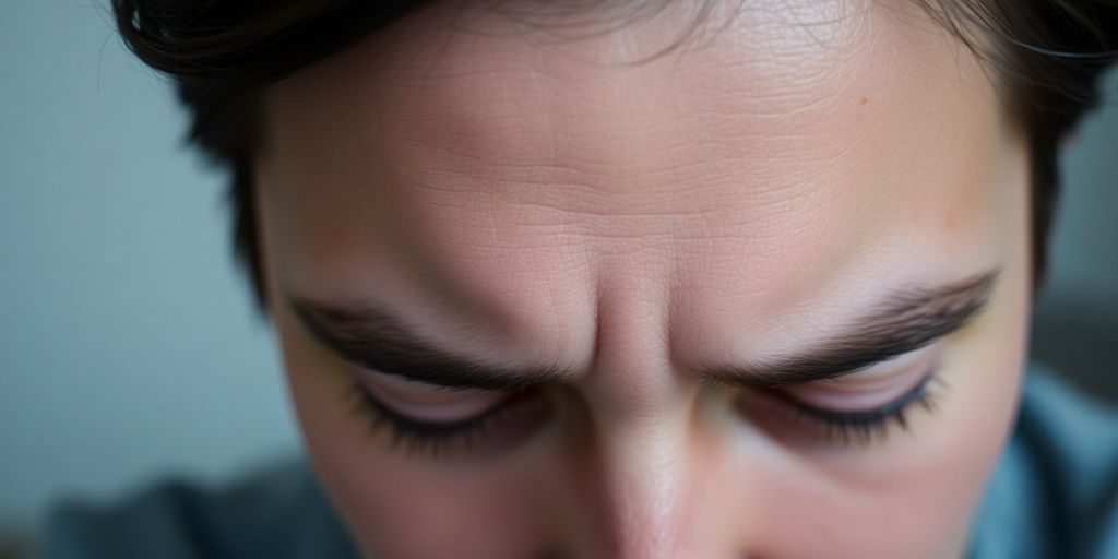 Person's head showing subtle facial redness and tired eyes.