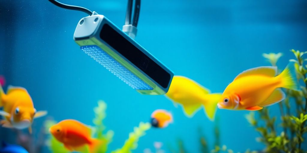 Aquarium heater in a vibrant fish tank.