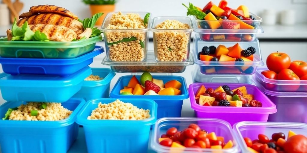 Colorful meal prep containers with healthy foods arranged neatly.
