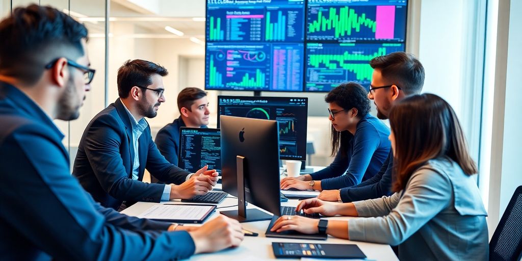 Team working on cybersecurity in a modern office.