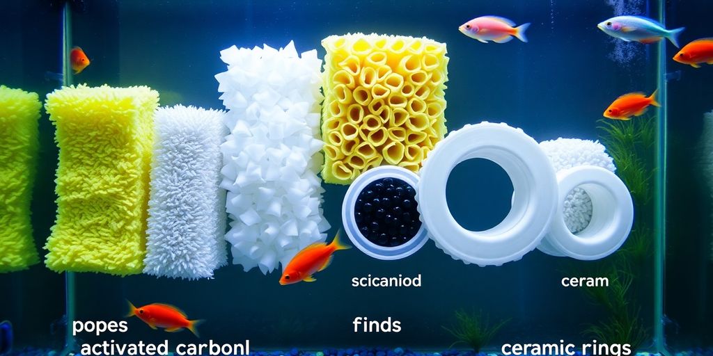 Makulay na aquarium na may filter media at mga lumalangoy na isda.