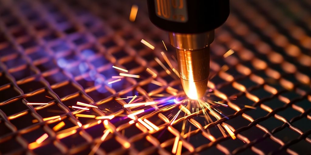 Plasma welding torch working on woven wire mesh.