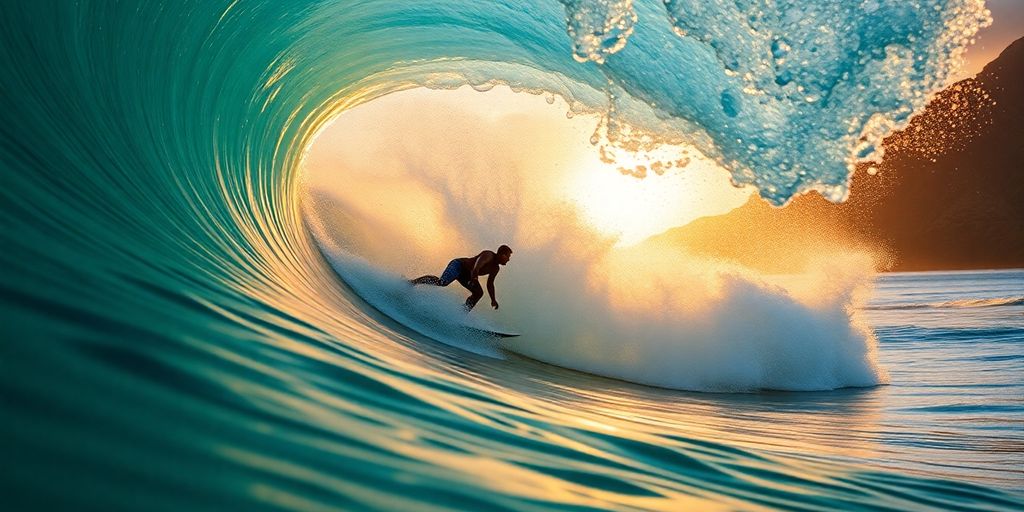 A surfer riding a large, perfect wave in Maui.