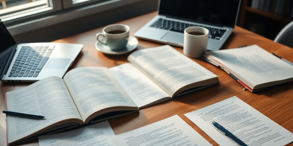 Desk with books and laptop in academic setting.