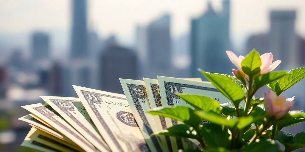 Dollar bills and a plant on a blurred city background.