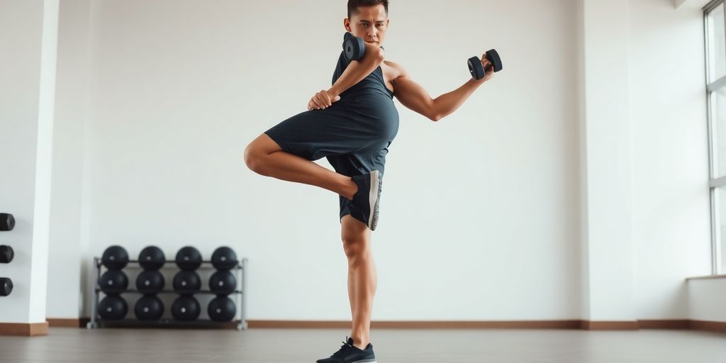 Man performing single leg deadlift with dumbbell.