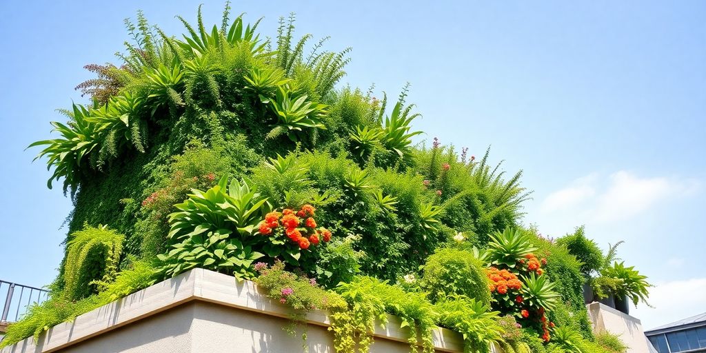 Telhado verde com plantas e flores vibrantes.