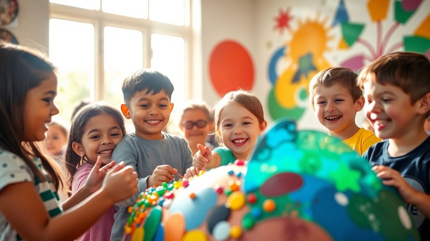 Children smiling with colorful abstract art