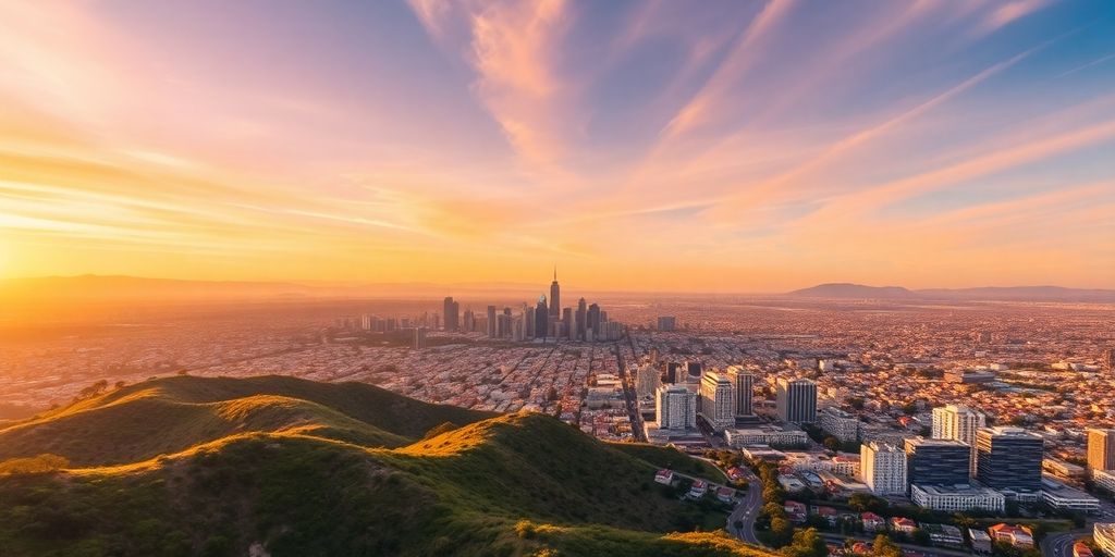 Aerial view of Los Angeles cityscape at sunset.