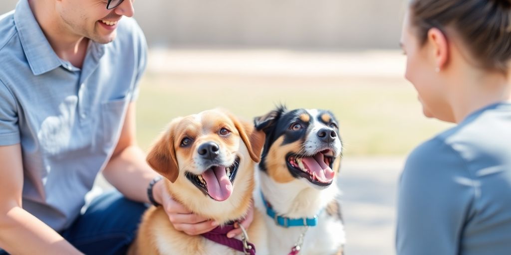 Dog and owner happily interacting with a behaviourist.