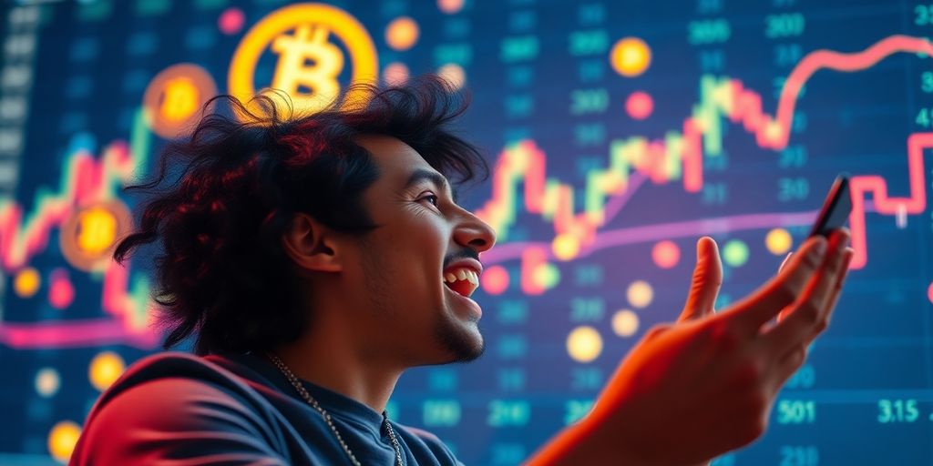 Person analyzing cryptocurrency trends with digital currency symbols.