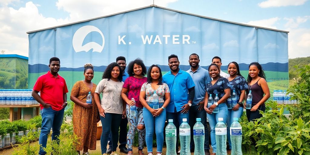 Diverse Black entrepreneurs with water products in nature.